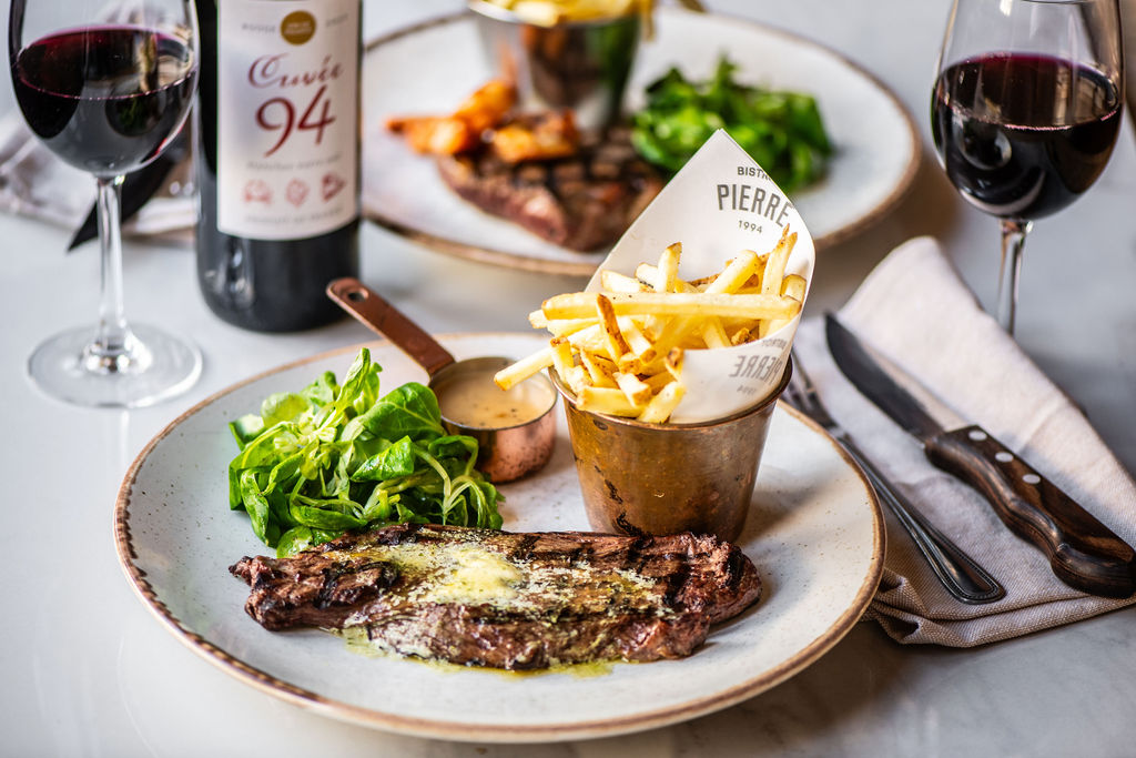 Close up of Steak Fries & Wine