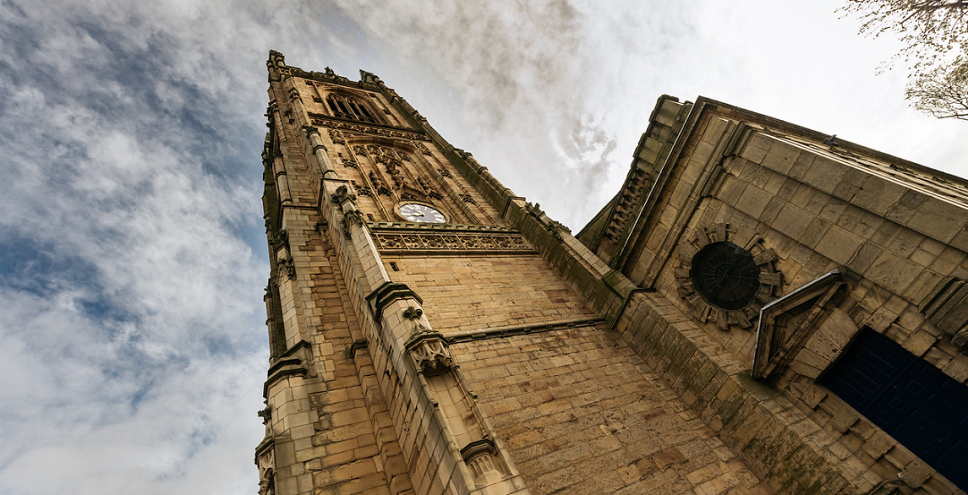 Looking up at Derby Cathedral's tower
